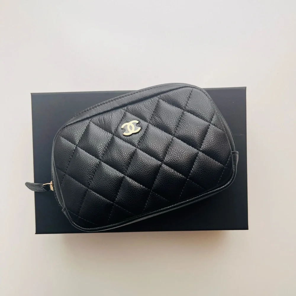 CHANEL Black Quilted Leather Cosmetic Pouch with Gold CC Logo